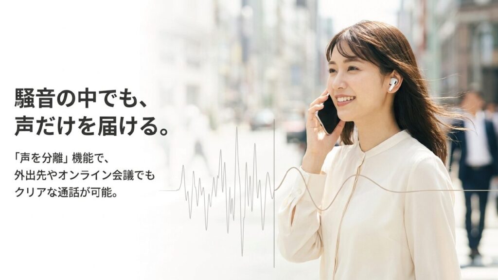 AirPods4の声を分離機能 オンライン会議や外出先でも声だけをクリアに届けるAirPods4の声を分離機能を示すスライド