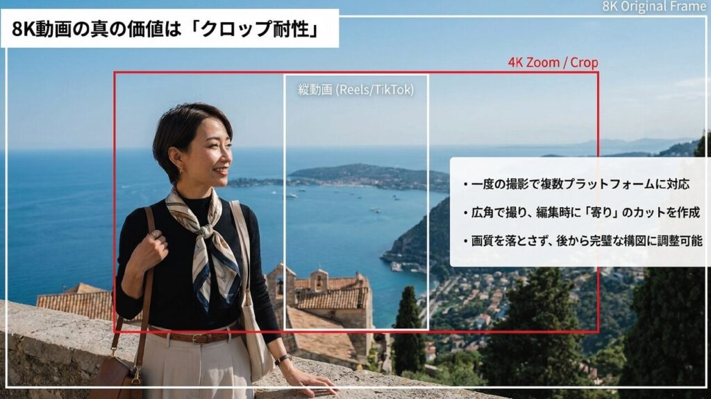 8K動画のクロップ耐性 8K動画から4Kや縦動画へクロップするイメージ