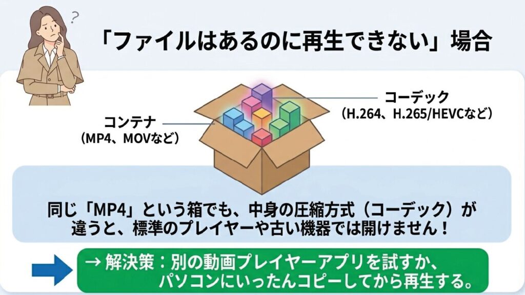 動画ファイルが見えるのに開けない場合