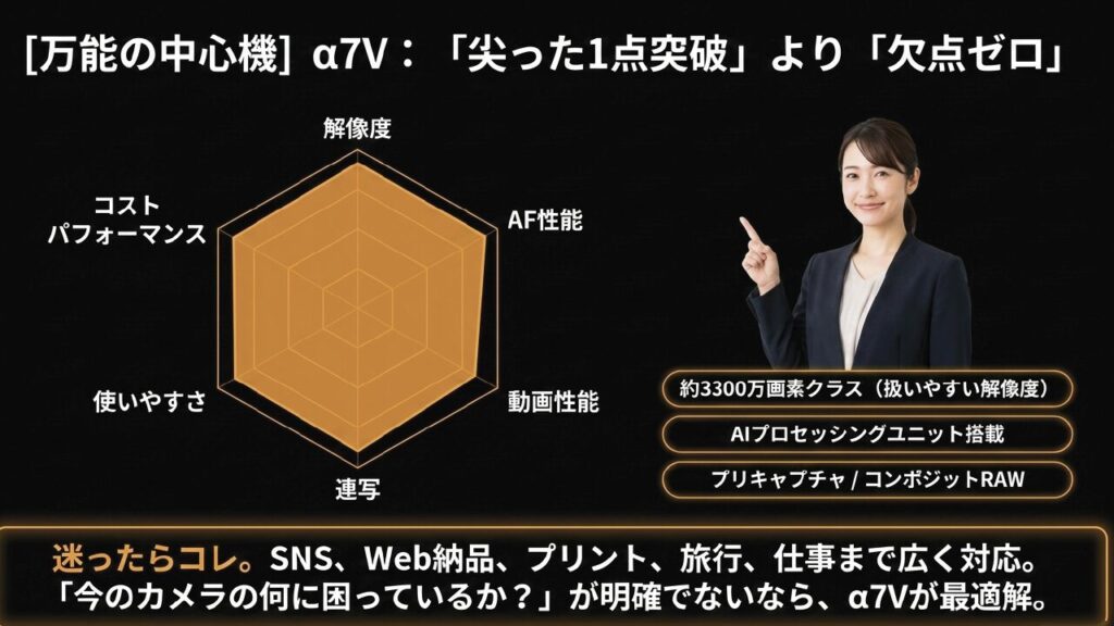 約3300万画素で万能な中心機α7Vのスペック評価レーダーチャート
