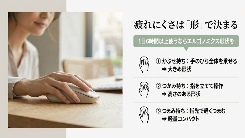 持ち方（かぶせ持ち・つかみ持ち・つまみ持ち）に合わせたエルゴノミクス形状