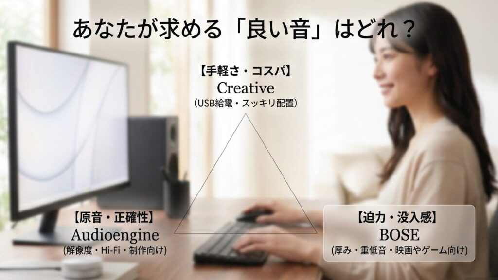 BOSE、Creative、AudioengineのPCスピーカー音質比較