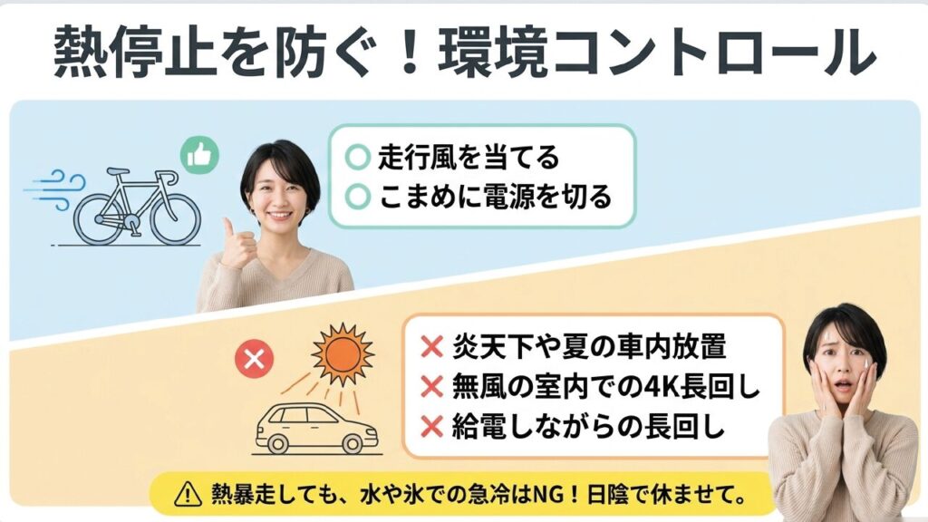 熱停止を防ぐ環境コントロール 走行風を当てる、炎天下や無風の長回しは避ける