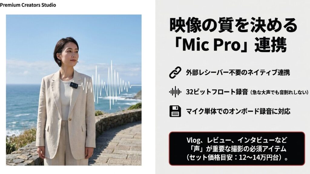 Insta360 Mic Proを装着して海辺でVlog撮影をする女性