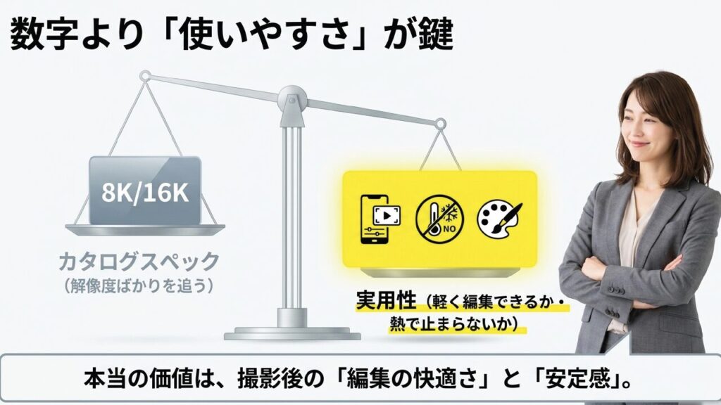 カタログスペックの解像度よりも、軽く編集できて熱で止まらない実用性が本当の価値