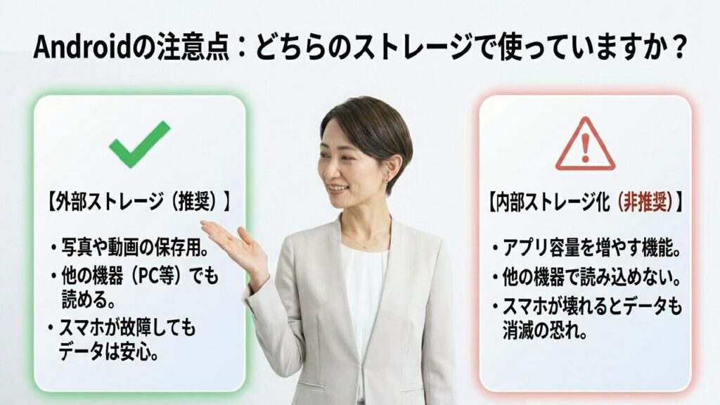 AndroidでSDカードを外部ストレージとして使うメリットと、内部ストレージ化するデメリット・非推奨の理由を比較した図解