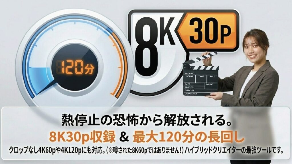 8K30p収録と最大120分の長回しに対応した動画性能