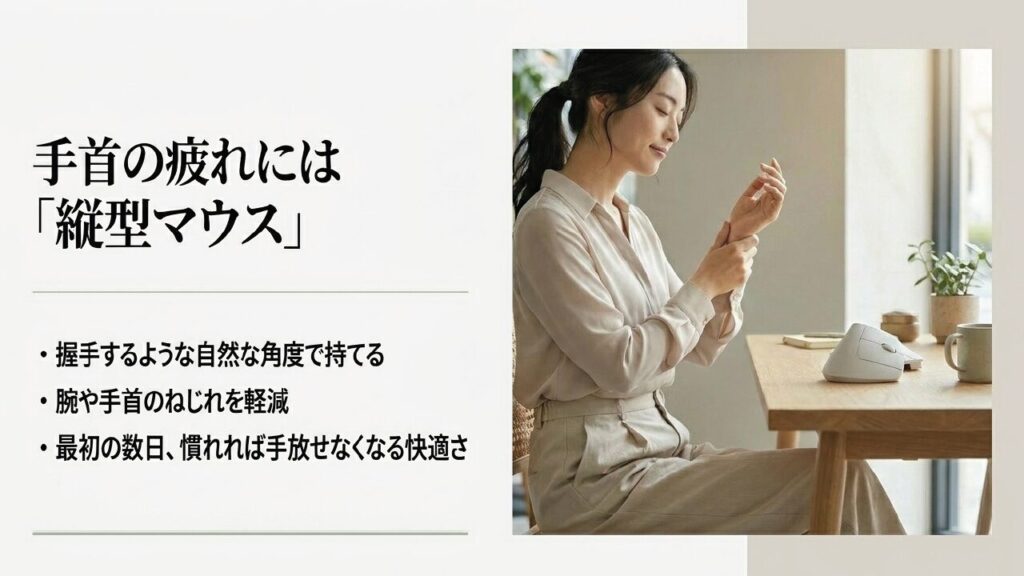 手首の疲れを軽減する縦型マウスの特徴