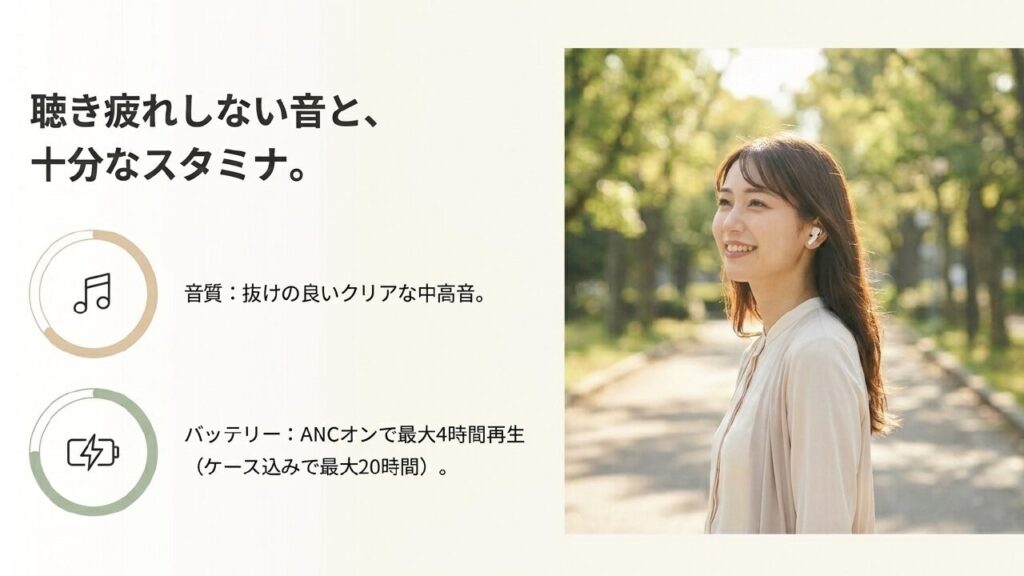 抜けの良い中高音とANCオンで最大4時間再生可能なAirPods4のスタミナを示すスライド