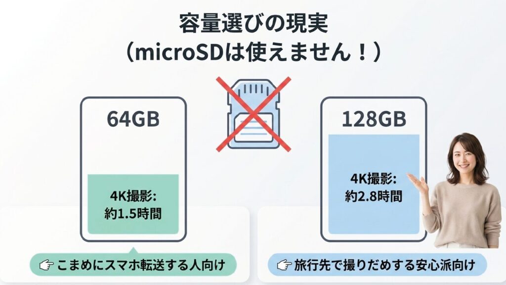 容量選びの現実 64GBはこまめにスマホ転送する人向け、128GBは旅行先で撮りだめする人向け
