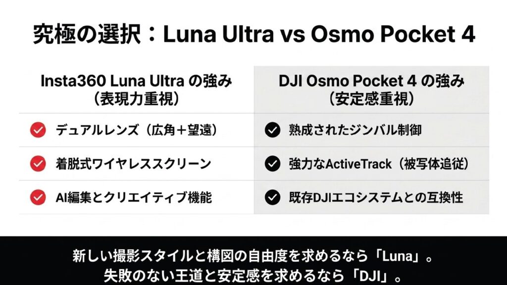 Luna Ultra vs Osmo Pocket 4の究極の選択 Insta360 Luna UltraとDJI Osmo Pocket 4の強み比較