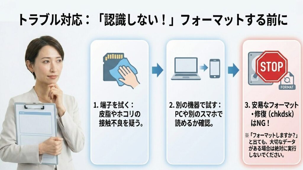 SDカードが認識しないときに安易にフォーマットせず、端子を拭く、別の機器で試すといった手順を踏むべきことを伝えるSTOPマーク付きのイラスト