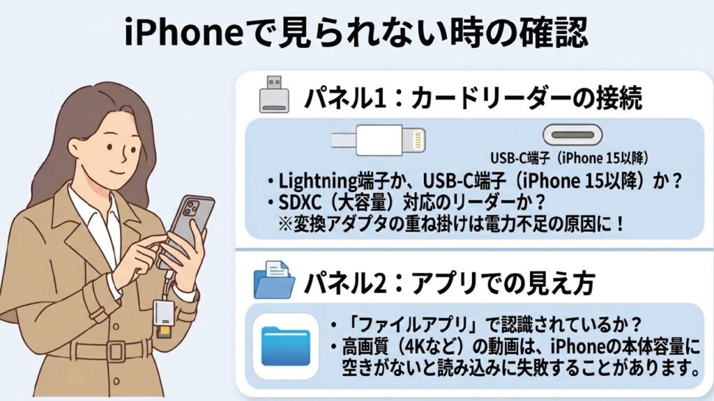 iPhoneにSDカードリーダーを接続してファイルアプリや本体容量を確認する手順のイラスト