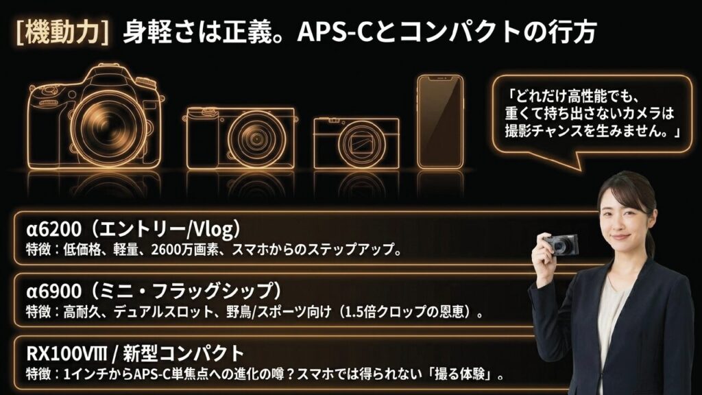 軽量なα6200や高性能なα6900、RX100VIIIなど身軽なカメラの噂