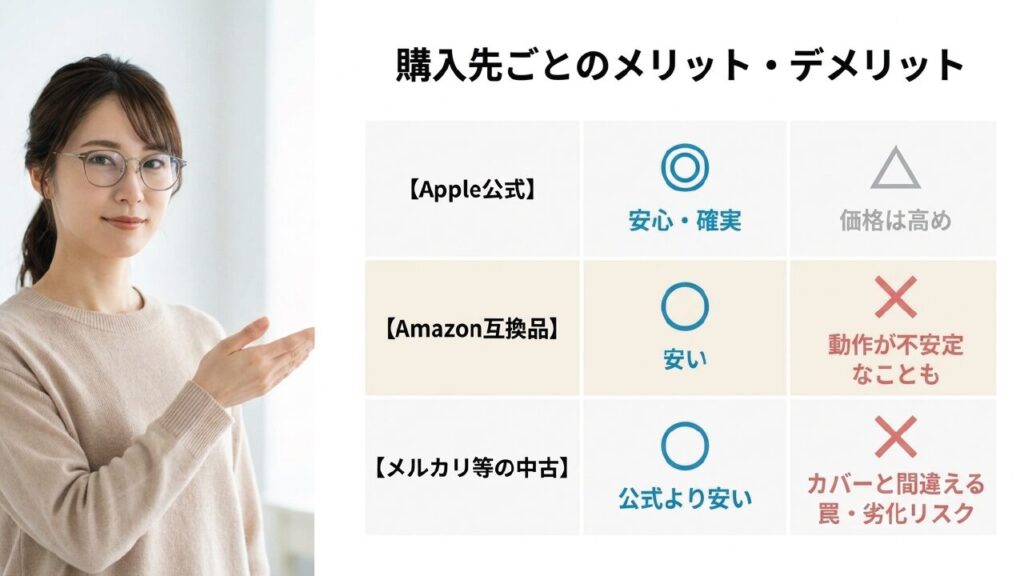 購入先ごとのメリット・デメリット Apple公式、Amazon互換品、メルカリ中古の比較表