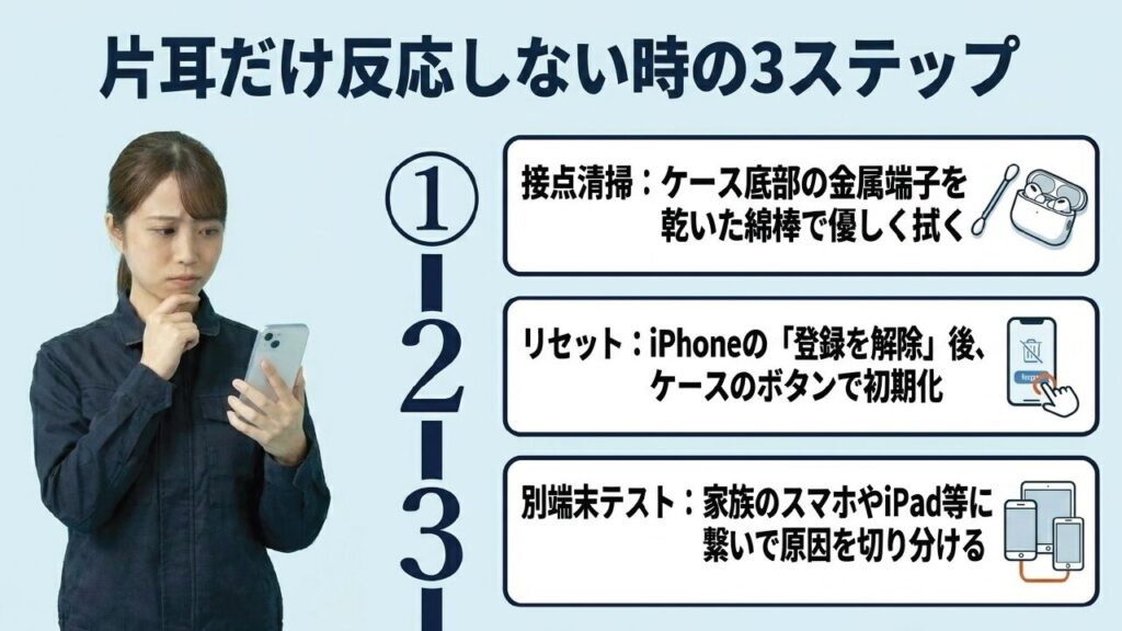 AirPodsの片耳だけが反応しない時の3ステップ（接点清掃、リセット、別端末テスト）の図解