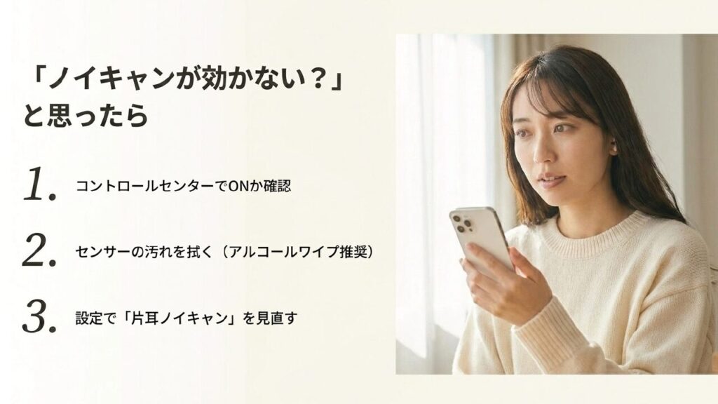 ノイキャンが効かない時の対処法 センサーの汚れや片耳設定などAirPods4のノイキャンが効かない時に確認すべき3つの手順を解説したスライド