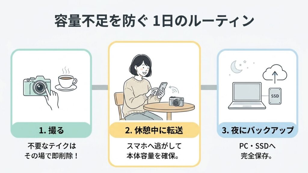 容量不足を防ぐ1日のルーティン 撮る、休憩中に転送、夜にバックアップ