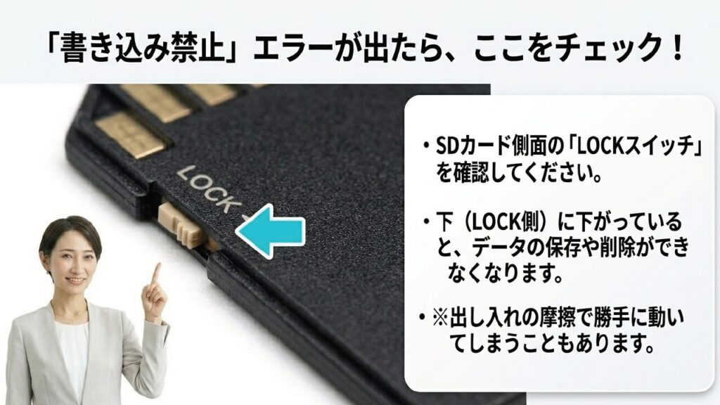SDカードやアダプターの側面にあるLOCKスイッチが下がっていると書き込み禁止になる原因と、摩擦によるズレを注意喚起する図解