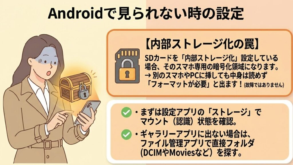 Androidスマホの内部ストレージ化機能によってSDカードが暗号化され他機器で読めなくなる仕様の解説イラスト