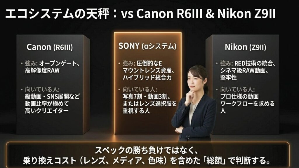 Canon R6IIIやNikon Z9IIとSONYαシステムのエコシステム比較