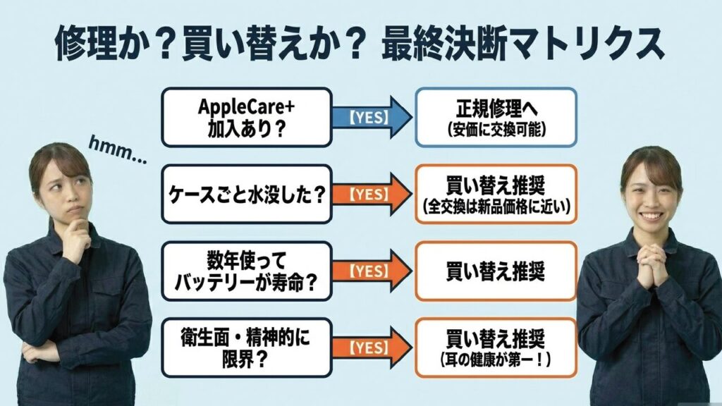 AirPodsを修理するか買い替えるかの最終決断マトリクス図解（AppleCare加入有無、ケース水没等）