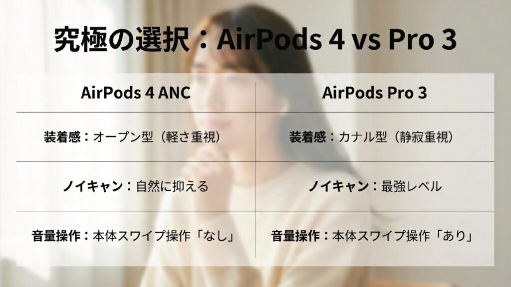 AirPods4とPro3の究極の選択 装着感、ノイキャン強度、音量操作の違いでAirPods4とAirPods Pro 3を比較した表