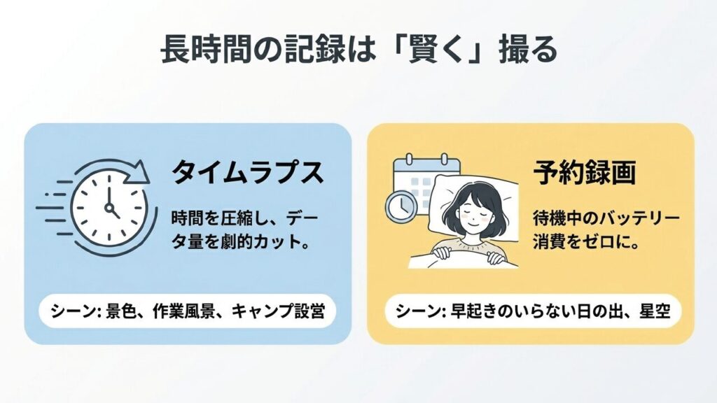 長時間の記録は賢く撮る タイムラプスでデータ量カット、予約録画で待機バッテリー消費ゼロ