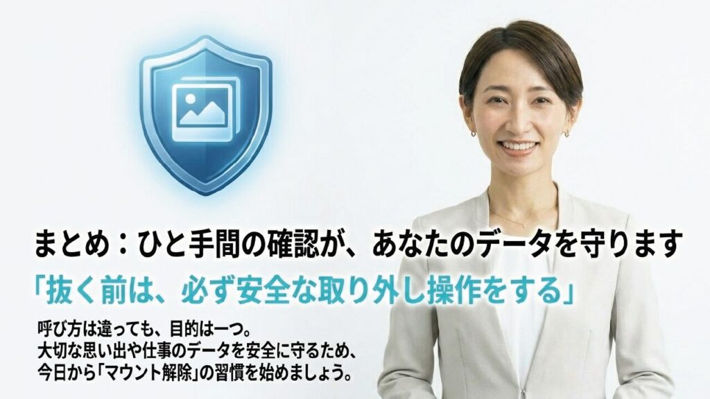 抜き前の安全な取り外し操作というひと手間によって、大切な思い出や仕事のデータを守る盾を表現したまとめのイラスト