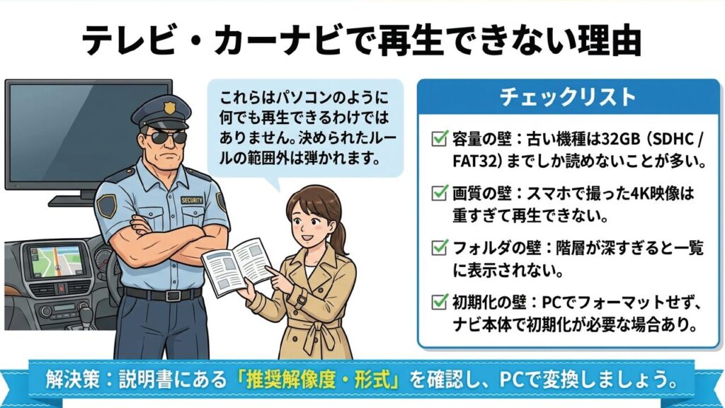 テレビやカーナビが解像度や容量、ファイルシステムなどのルール制限で動画を弾く様子を表現したイラスト