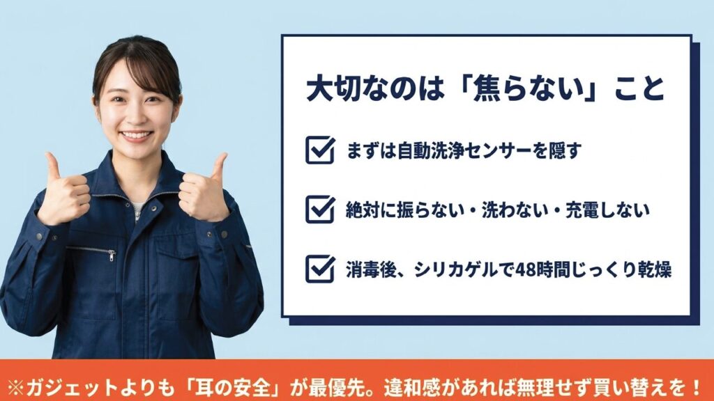 AirPodsをトイレに落とした時の最優先手順（流さない、拾う、拭く、消毒、乾燥）の総まとめ図解