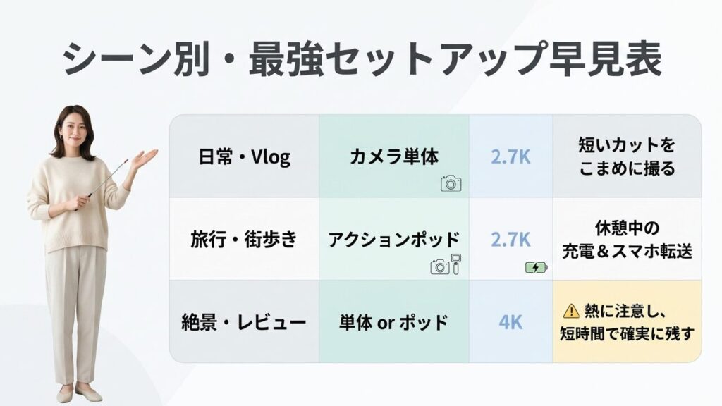 シーン別・最強セットアップ早見表 日常・Vlog、旅行・街歩き、絶景・レビュー