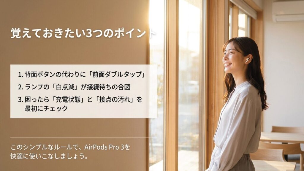 AirPods Pro 3のペアリングで覚えておきたい前面タップ、白点滅、清掃の3つのポイント