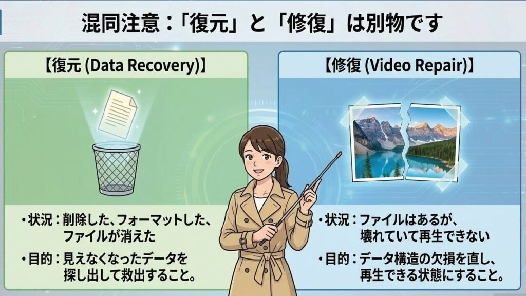見えなくなったファイルを探す復元と、見つかった壊れた動画を直す修復の違いを説明したイラスト