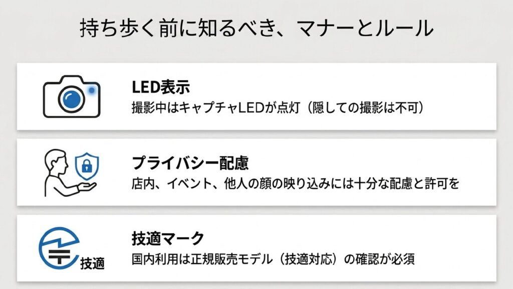 LED表示や技適など撮影時のマナーとルール