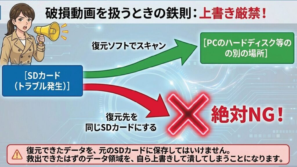 復元ソフトのスキャンデータを元のSDカードに保存するのは絶対NGで別の場所に保存すべき理由を伝えるイラスト