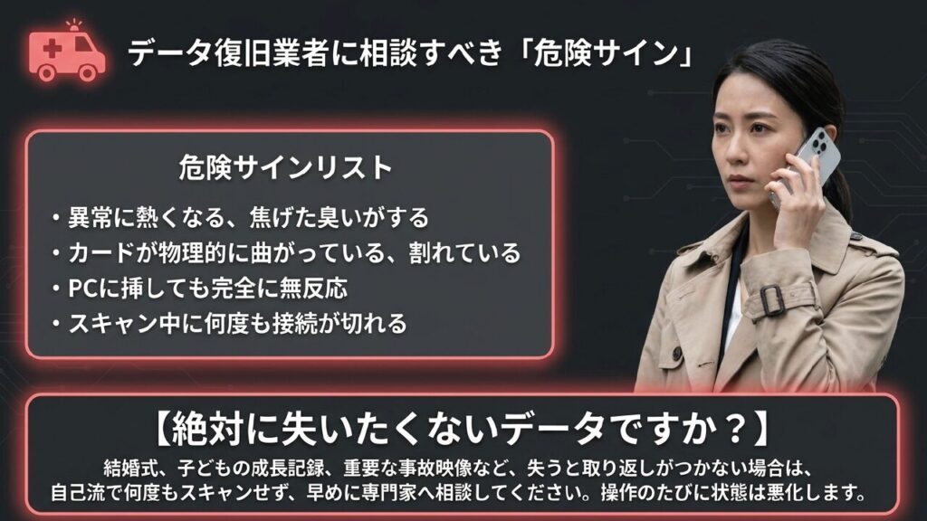 異常発熱や物理的破損、完全無反応などデータ復旧業者に相談すべき危険サインをまとめたイラスト