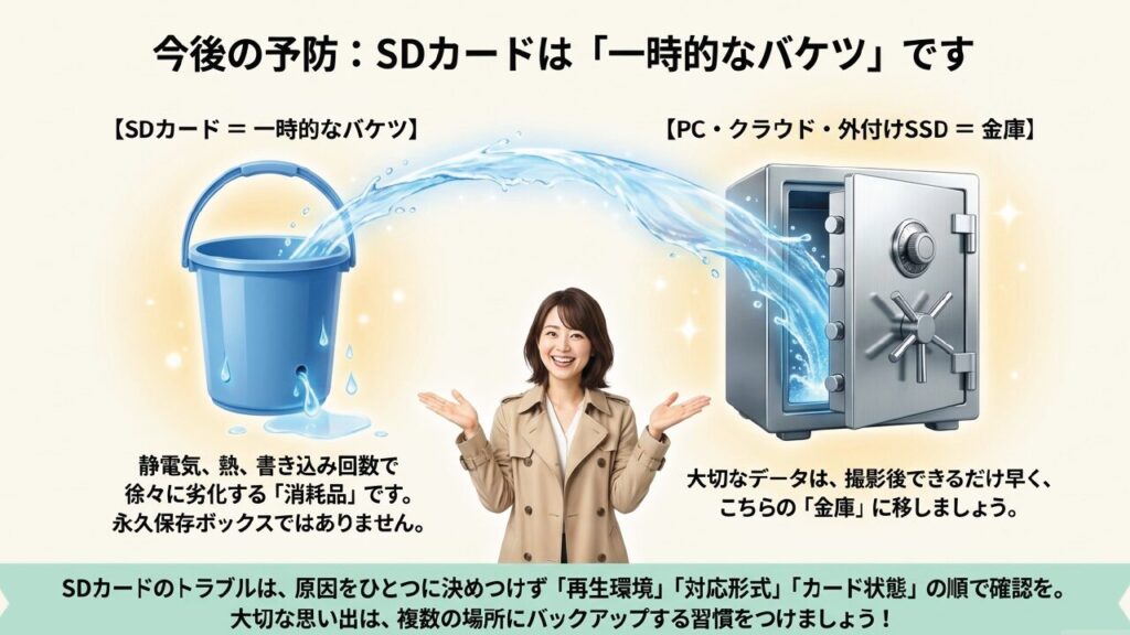 SDカードは漏れやすい一時的なバケツであり、大切なデータはPCやクラウドなどの金庫に保存すべきという解説図