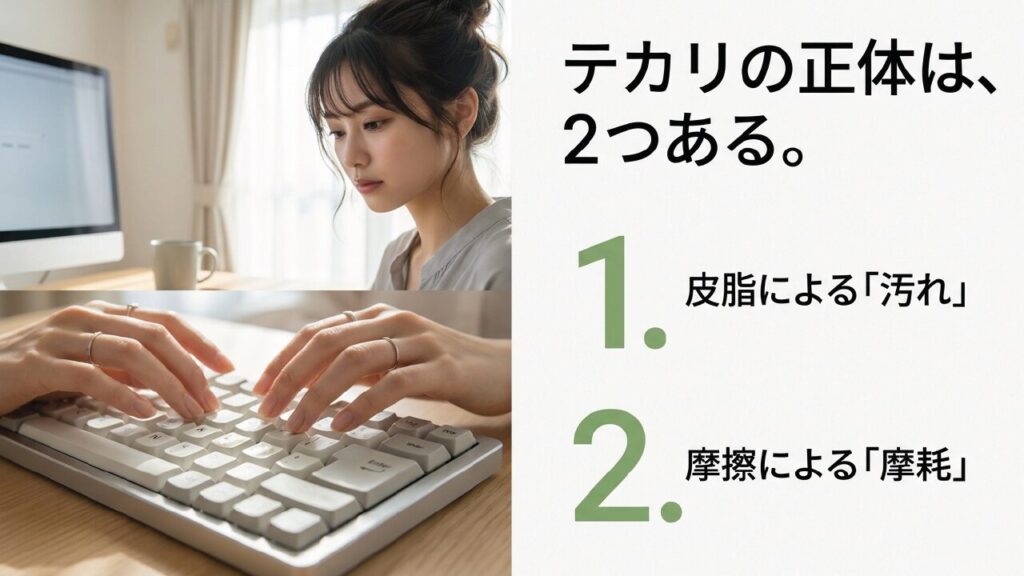 テカリの2つの原因(汚れと摩耗) キーボードがテカる2つの正体は皮脂による汚れと摩擦による摩耗