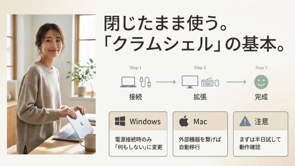 ノートPCを閉じたまま使うクラムシェルモードの基本設定