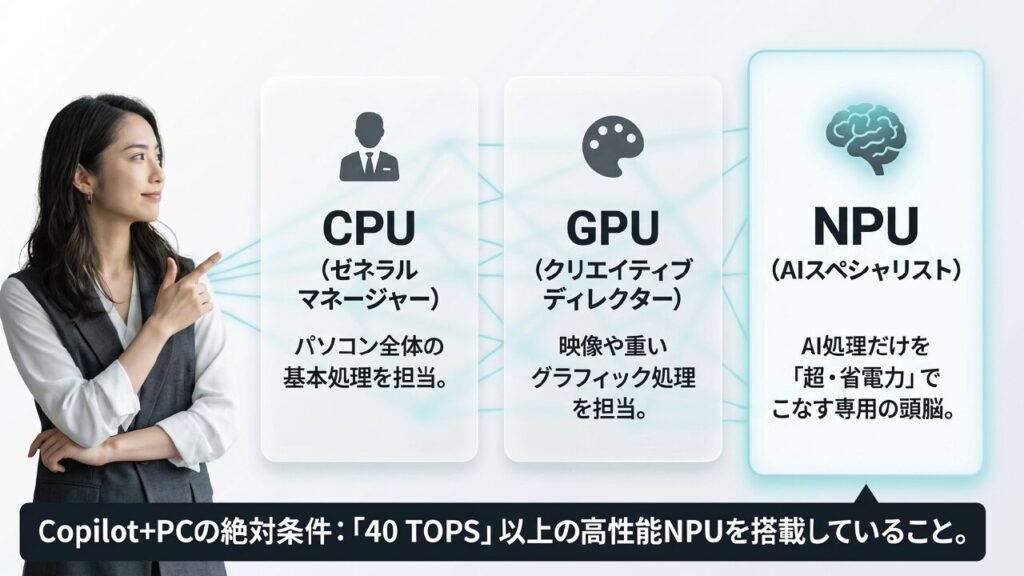 パソコンにおけるCPU・GPUと、AI処理に特化したNPUの役割の違い