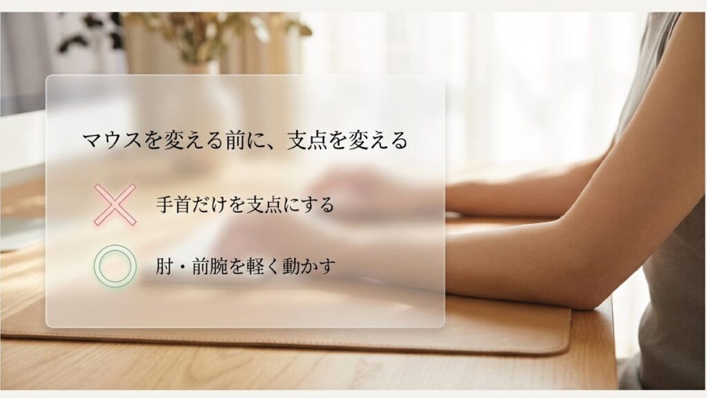 手首だけを支点にせず、肘・前腕を軽く動かす マウスを変える前に、支点を変える