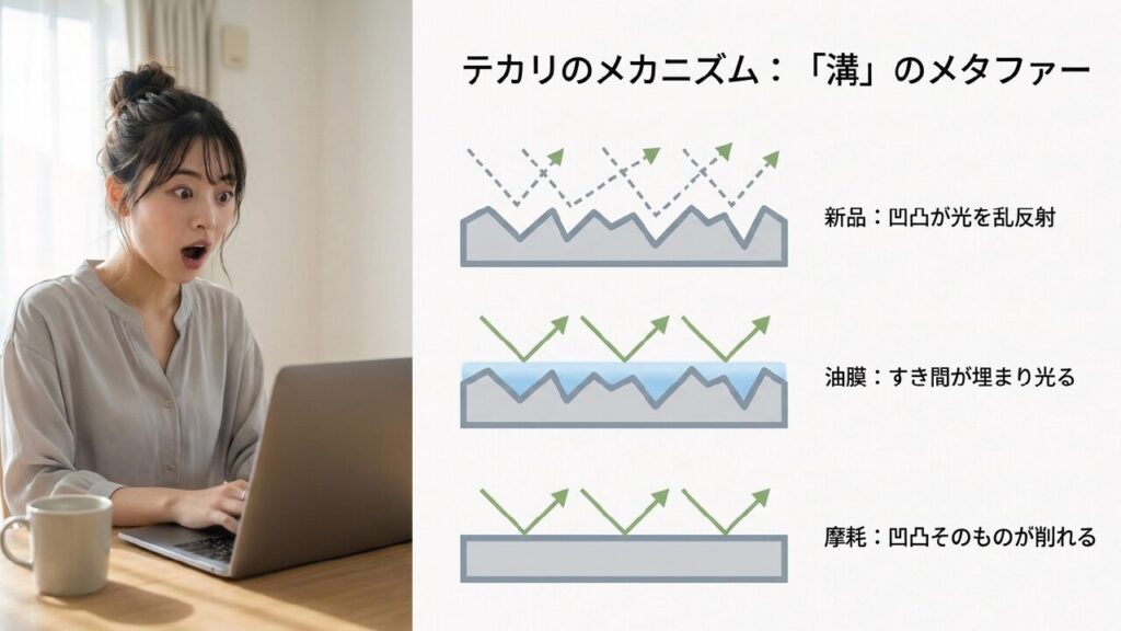 テカリのメカニズム図解 キーボード表面の凹凸が油膜で埋まったり摩耗で削れたりするメカニズム図解