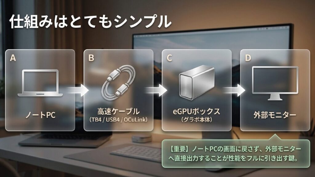 ノートPCとeGPUボックス、外部モニターの接続の仕組み