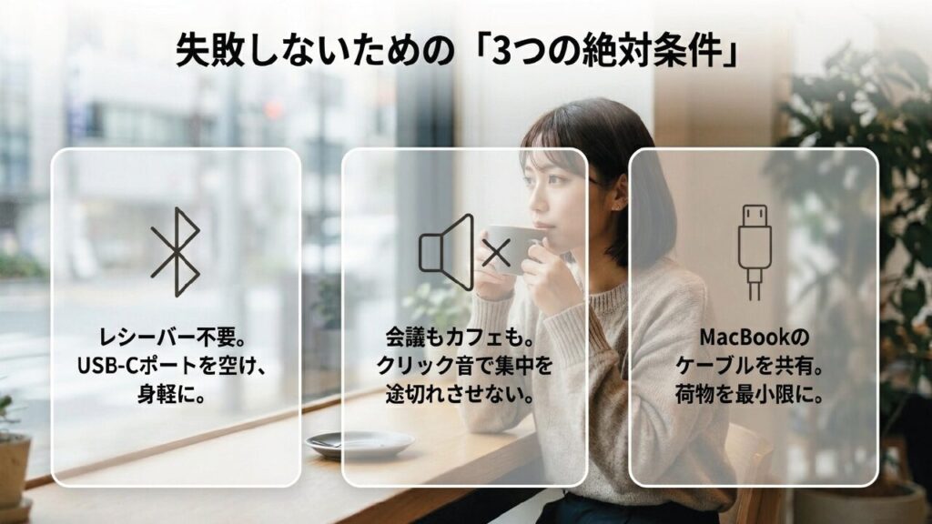 失敗しないためのマウス選び3つの絶対条件 レシーバー不要、静音、USB-C充電など、MacBook用マウス選びで失敗しないための3つの絶対条件