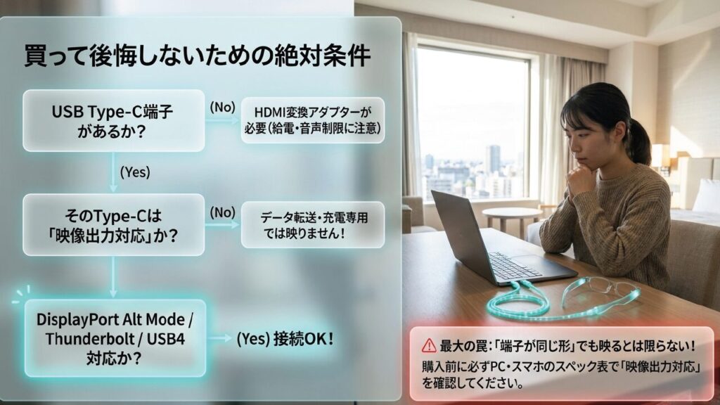 USB Type-Cの映像出力対応確認フローチャート