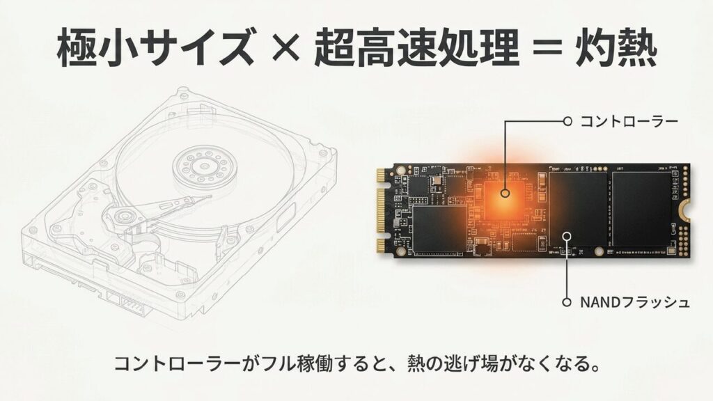 M.2 SSDのコントローラーとNANDフラッシュの発熱を示す図解スライド