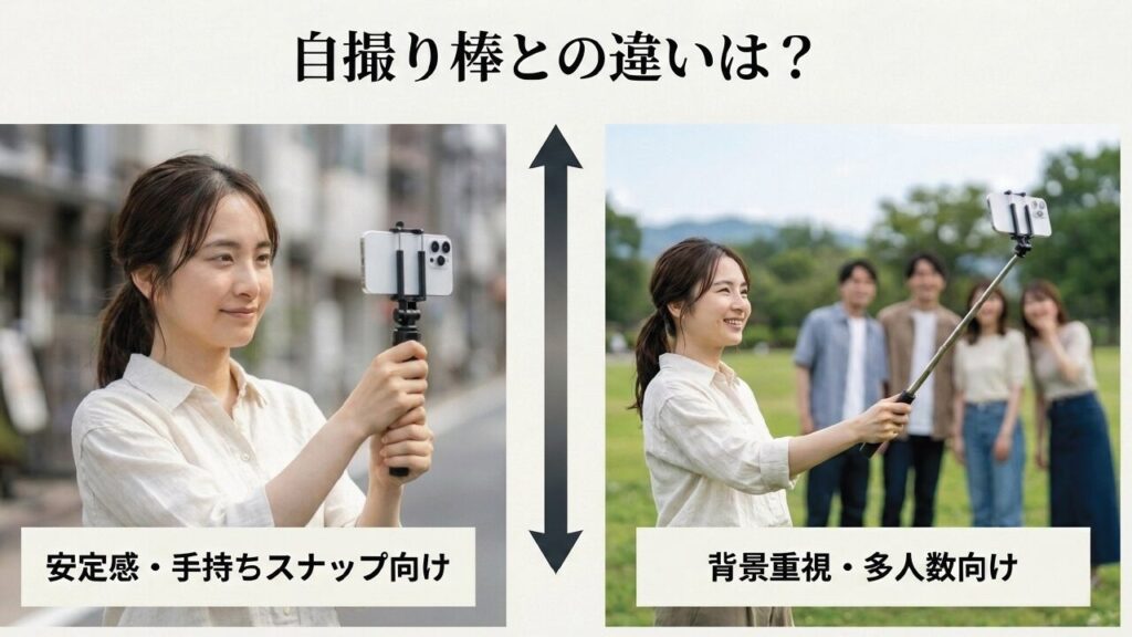カメラグリップと自撮り棒の違いと選び方