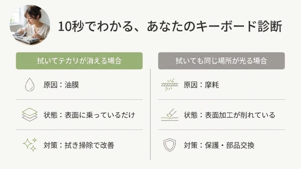 10秒でわかるキーボードテカリ診断 拭いて消えれば油膜、同じ場所が光れば摩耗というキーボード診断