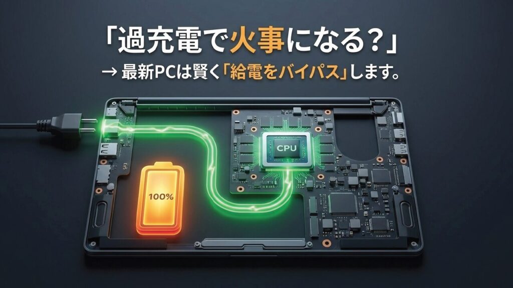 最新PCは賢く給電をバイパスするため過充電で火事になる心配は少ない